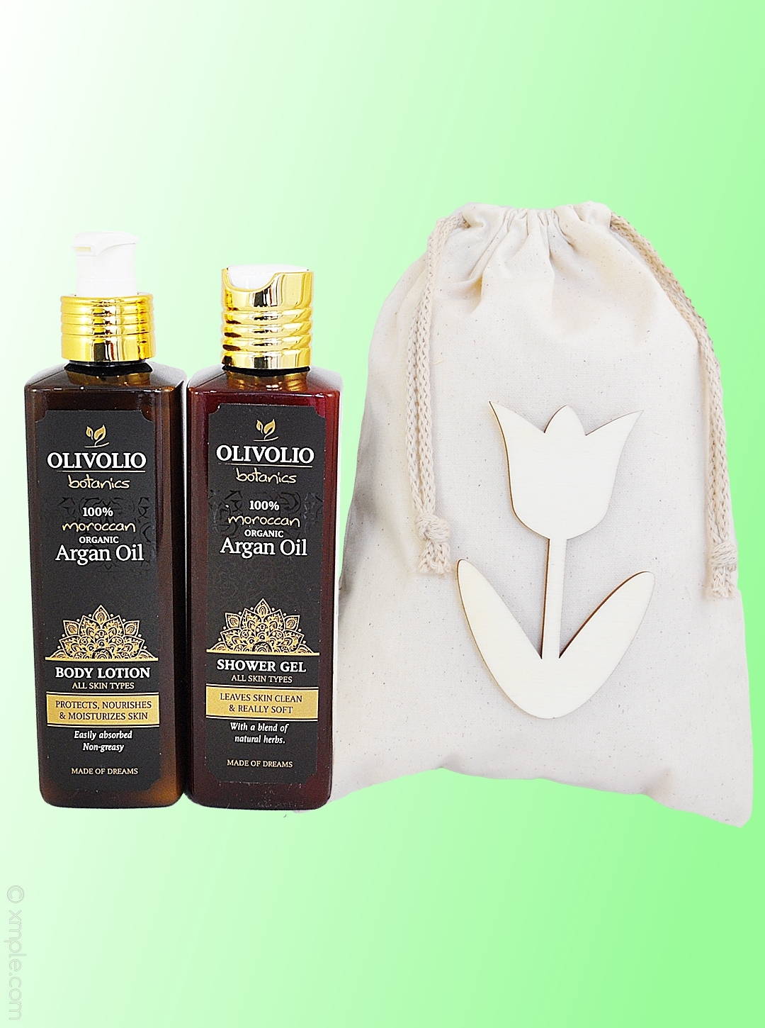 Set saculet bumbac si cosmetice pentru corp, cu ulei de argan