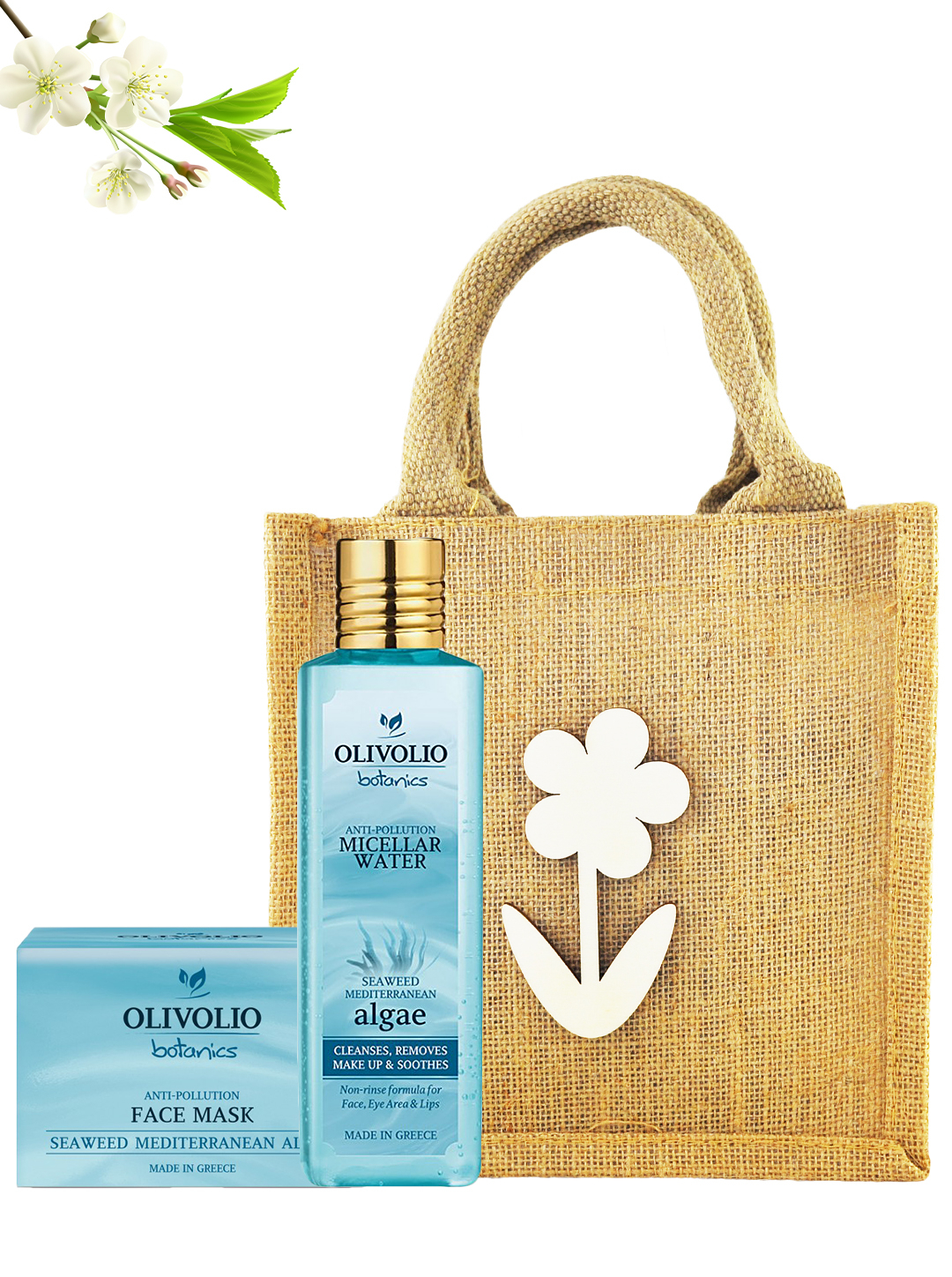 Set sacosa iuta, figurina lemn si cosmetice pentru ten, cu alge marine