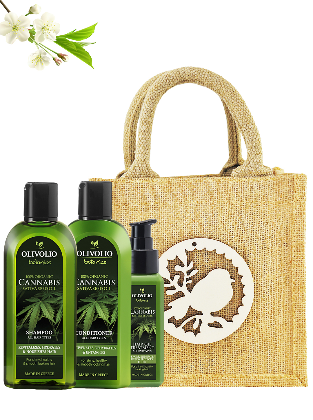 Set sacosa iuta, figurina lemn si cosmetice pentru par, cu ulei de canabis