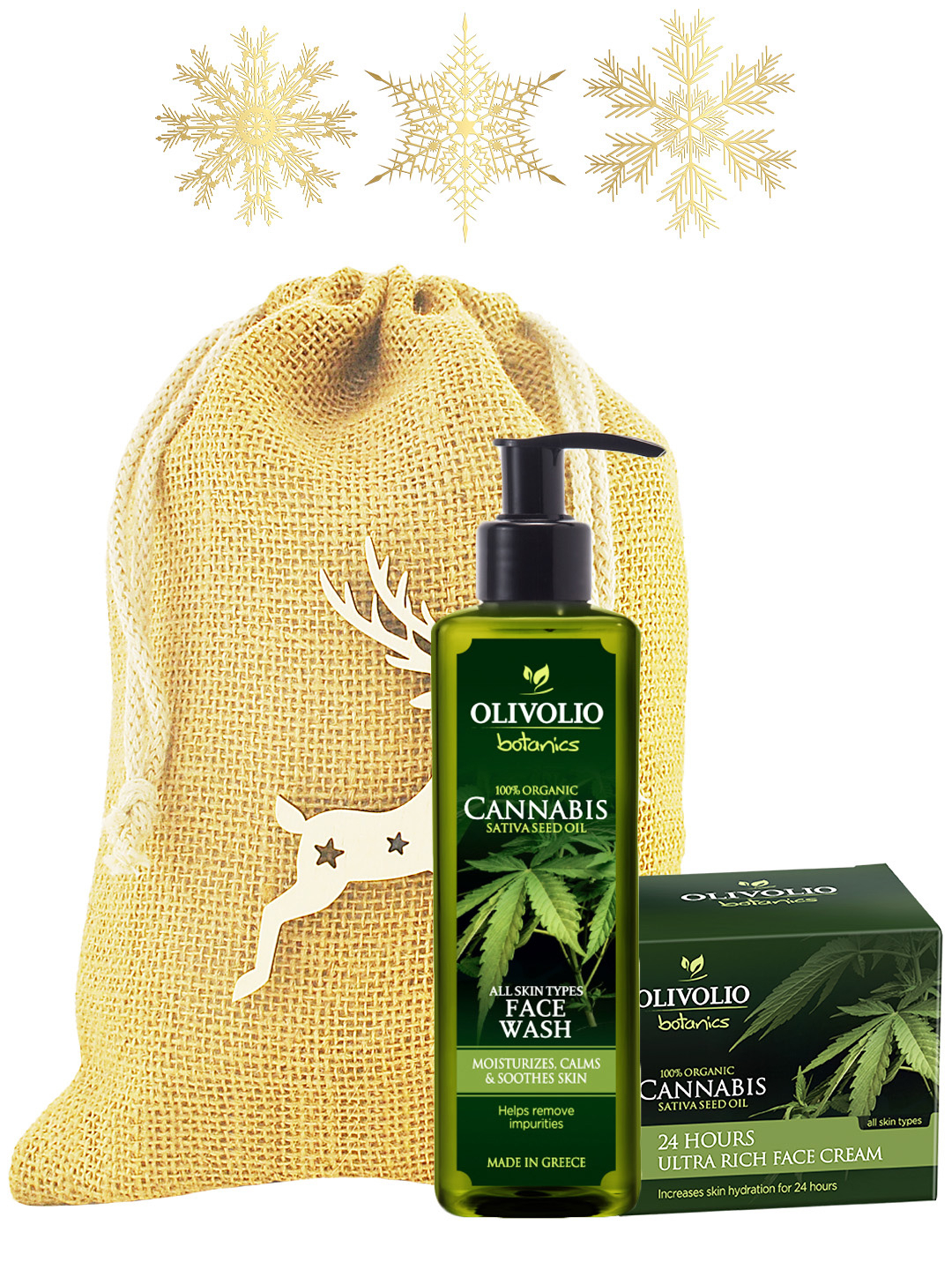 Set saculet iuta, figurina lemn si cosmetice pentru ten, cu ulei de canabis